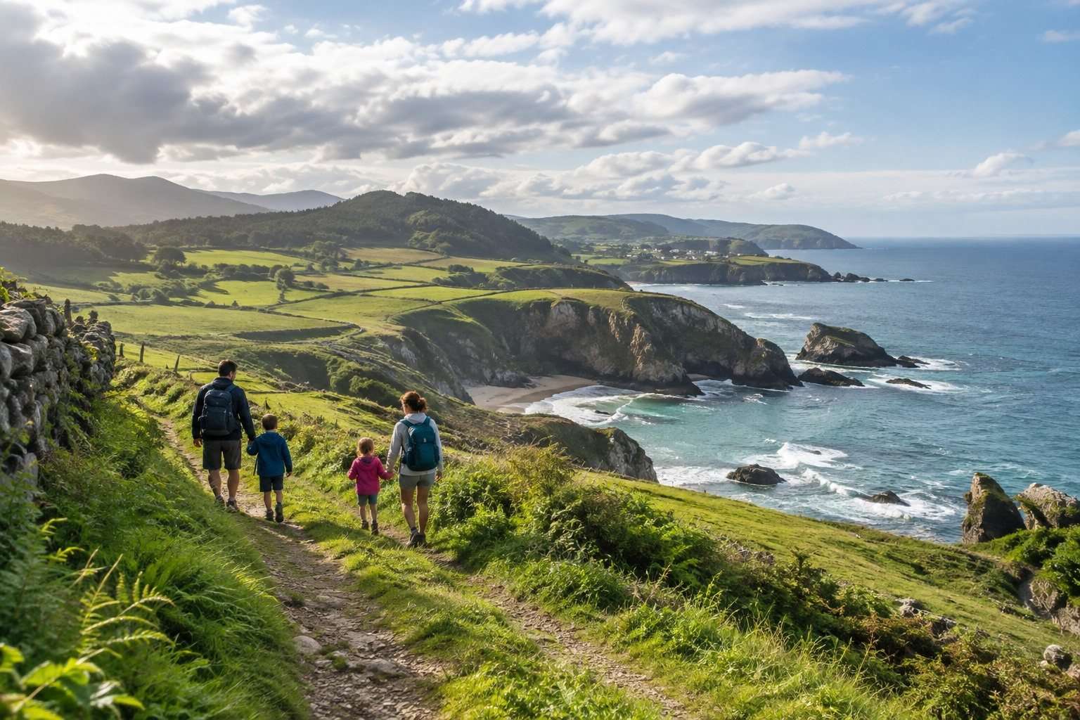 Familia camina por una senda verde de la costa asturiana