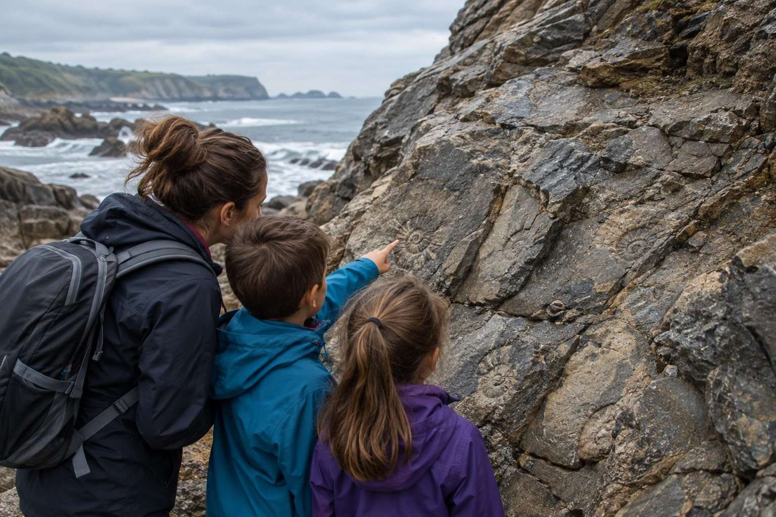 Niños observan huellas fósiles en una roca costera de Asturias