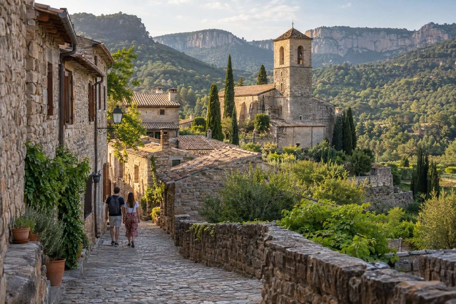 Pareja paseando por un pueblo histórico rodeado de montañas